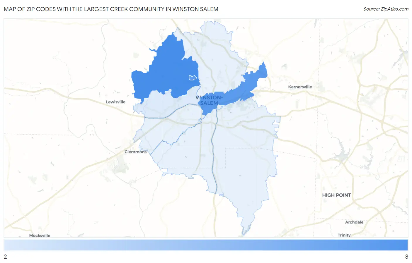 Zip Codes with the Largest Creek Community in Winston Salem Map