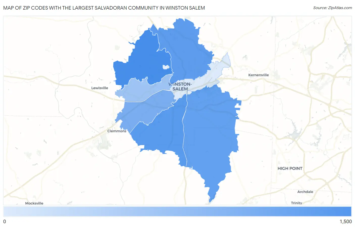 Zip Codes with the Largest Salvadoran Community in Winston Salem Map