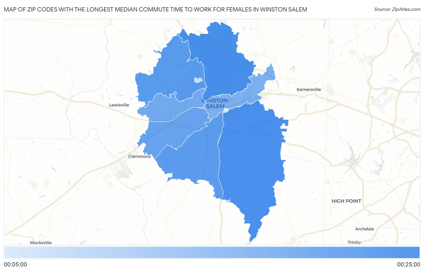 Zip Codes with the Longest Median Commute Time to Work for Females in Winston Salem Map