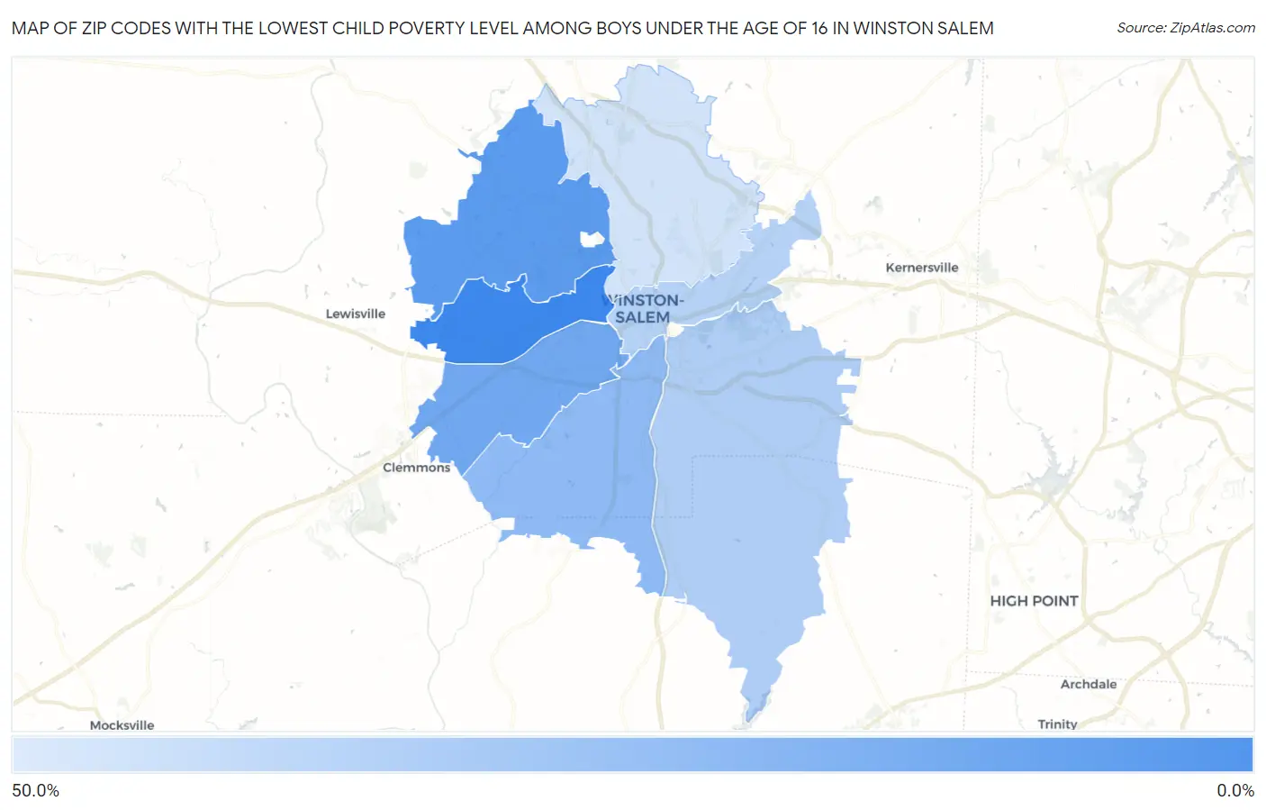 Zip Codes with the Lowest Child Poverty Level Among Boys Under the Age of 16 in Winston Salem Map