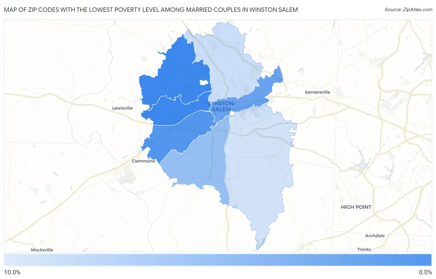 Zip Codes with the Lowest Poverty Level Among Married Couples in Winston Salem Map
