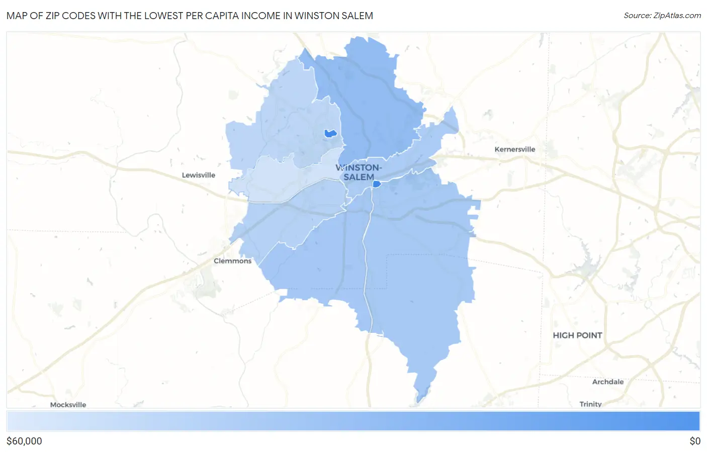 Zip Codes with the Lowest Per Capita Income in Winston Salem Map