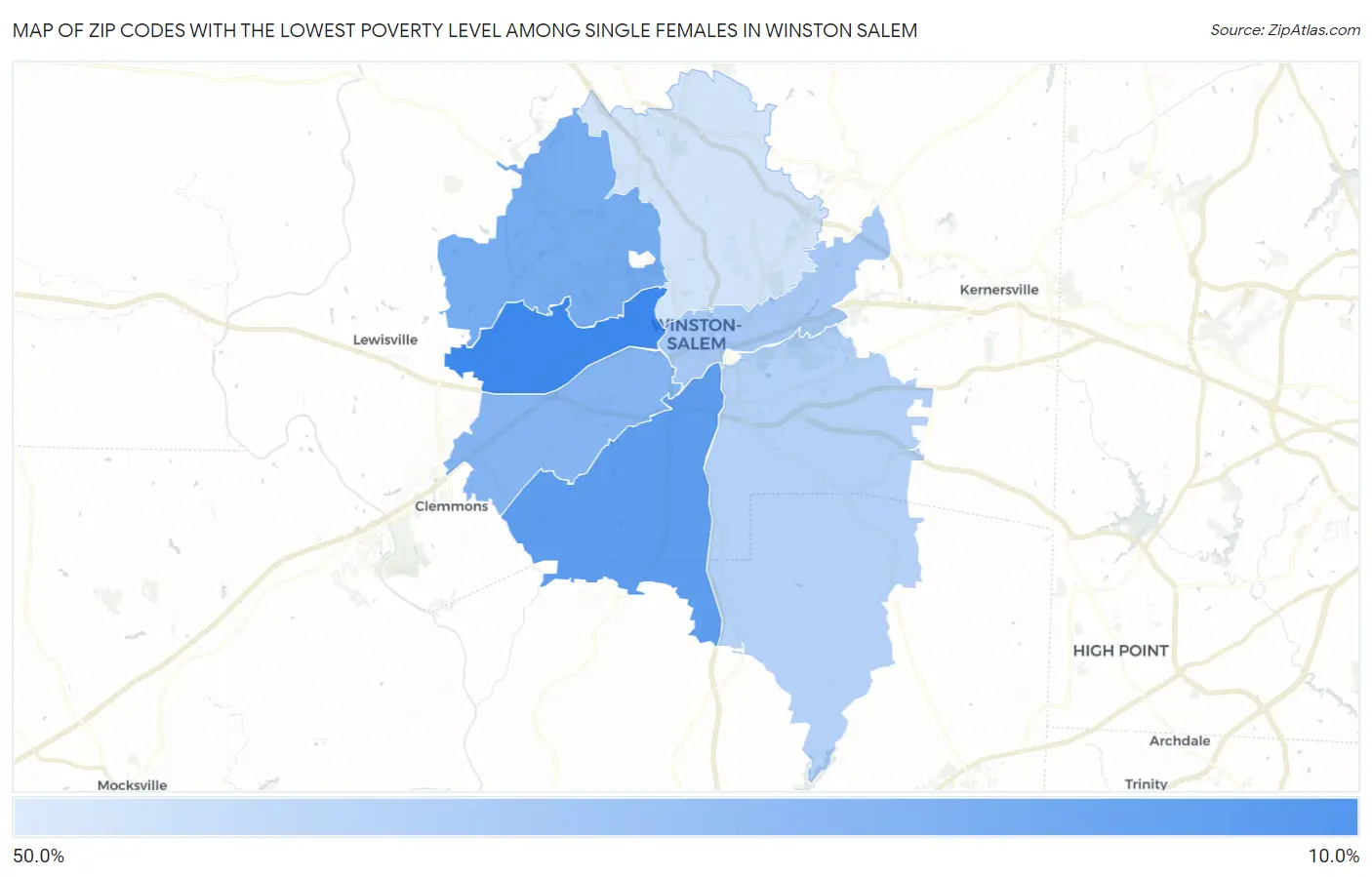 Zip Codes with the Lowest Poverty Level Among Single Females in Winston Salem Map