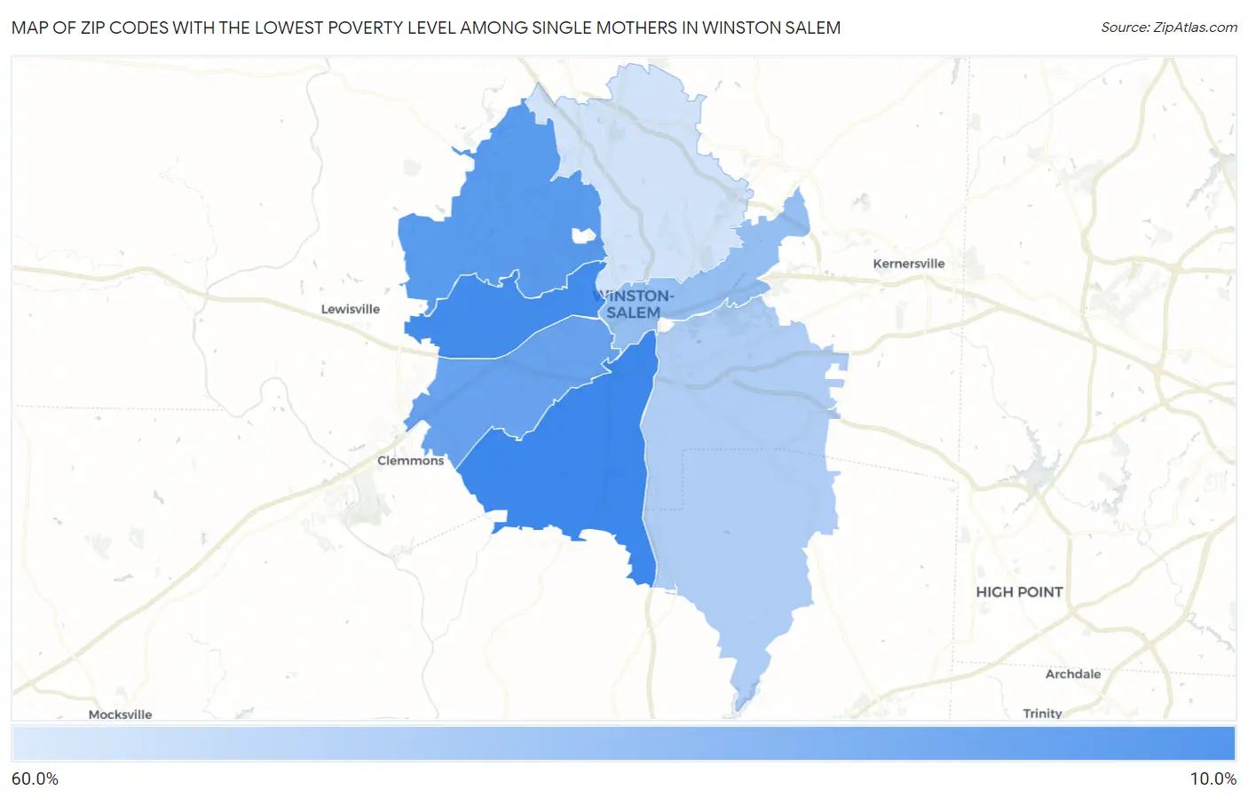 Zip Codes with the Lowest Poverty Level Among Single Mothers in Winston Salem Map
