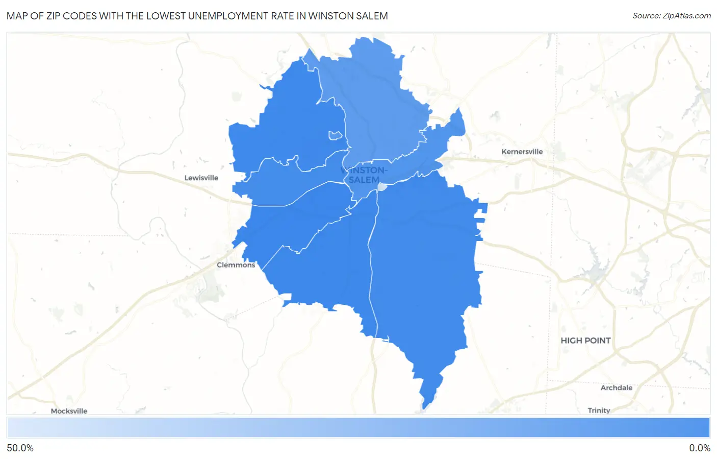 Zip Codes with the Lowest Unemployment Rate in Winston Salem Map