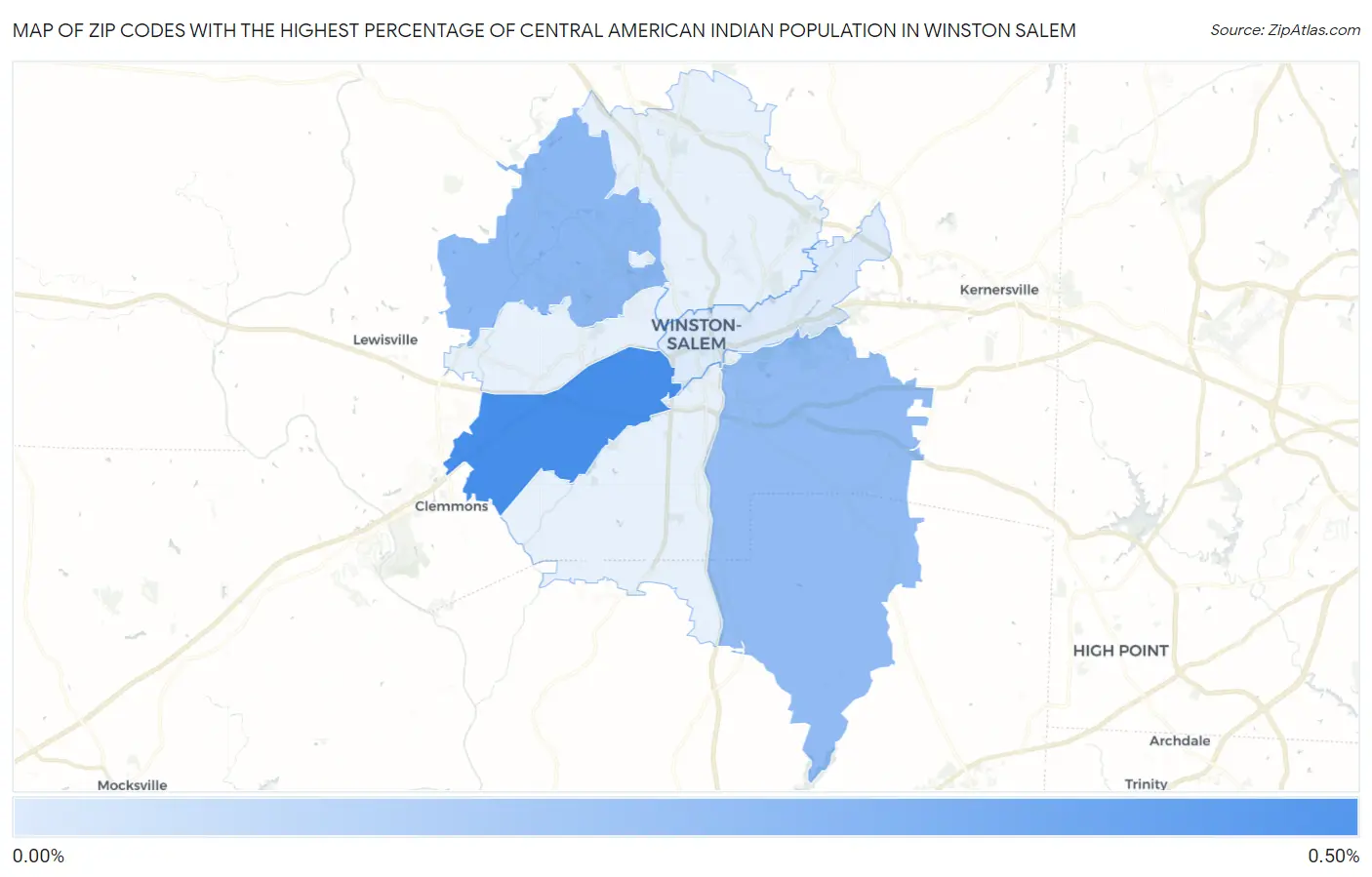 Zip Codes with the Highest Percentage of Central American Indian Population in Winston Salem Map
