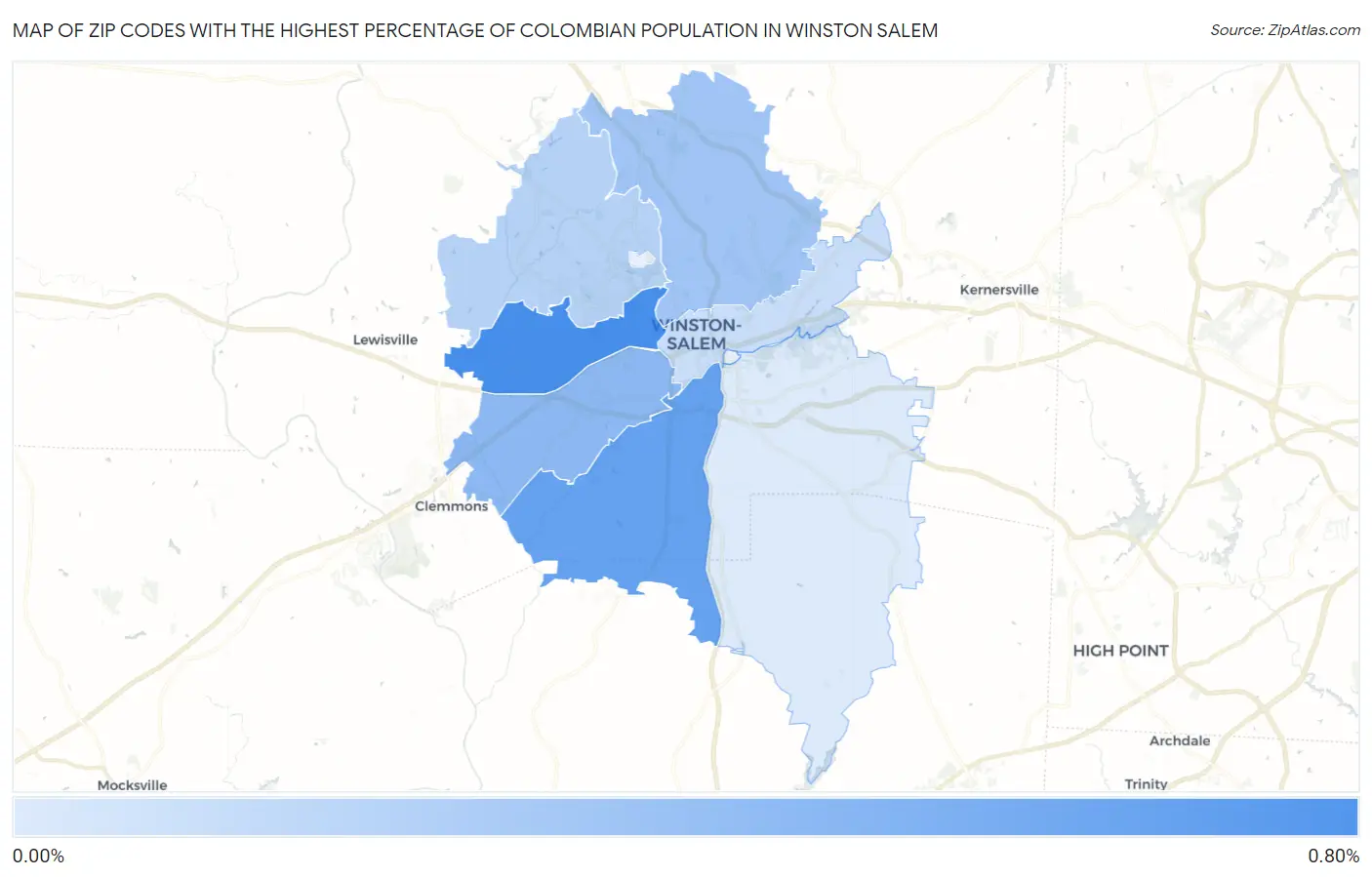 Zip Codes with the Highest Percentage of Colombian Population in Winston Salem Map