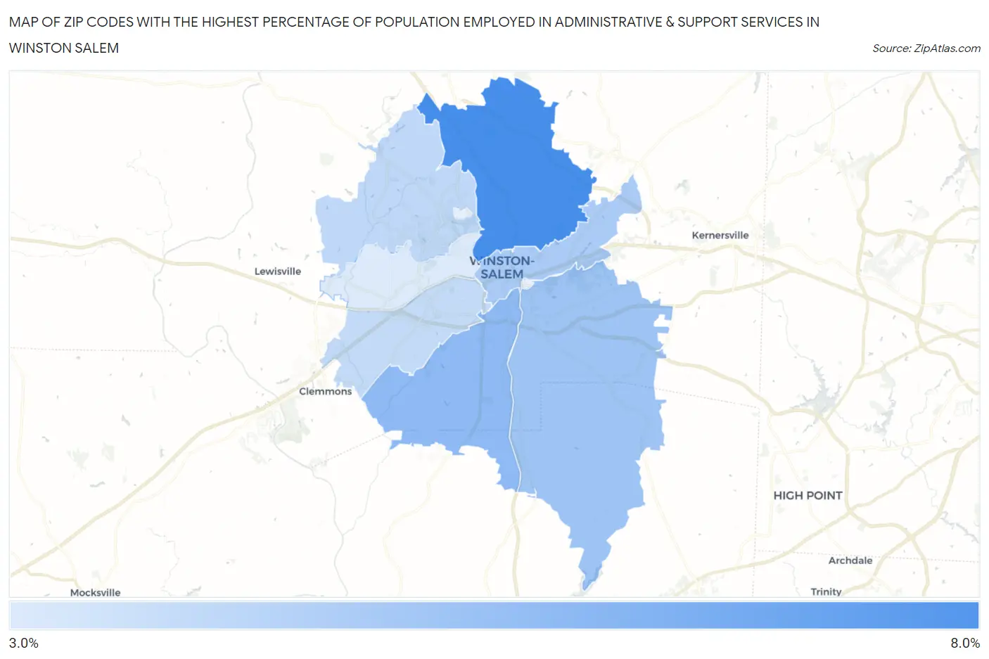 Zip Codes with the Highest Percentage of Population Employed in Administrative & Support Services in Winston Salem Map