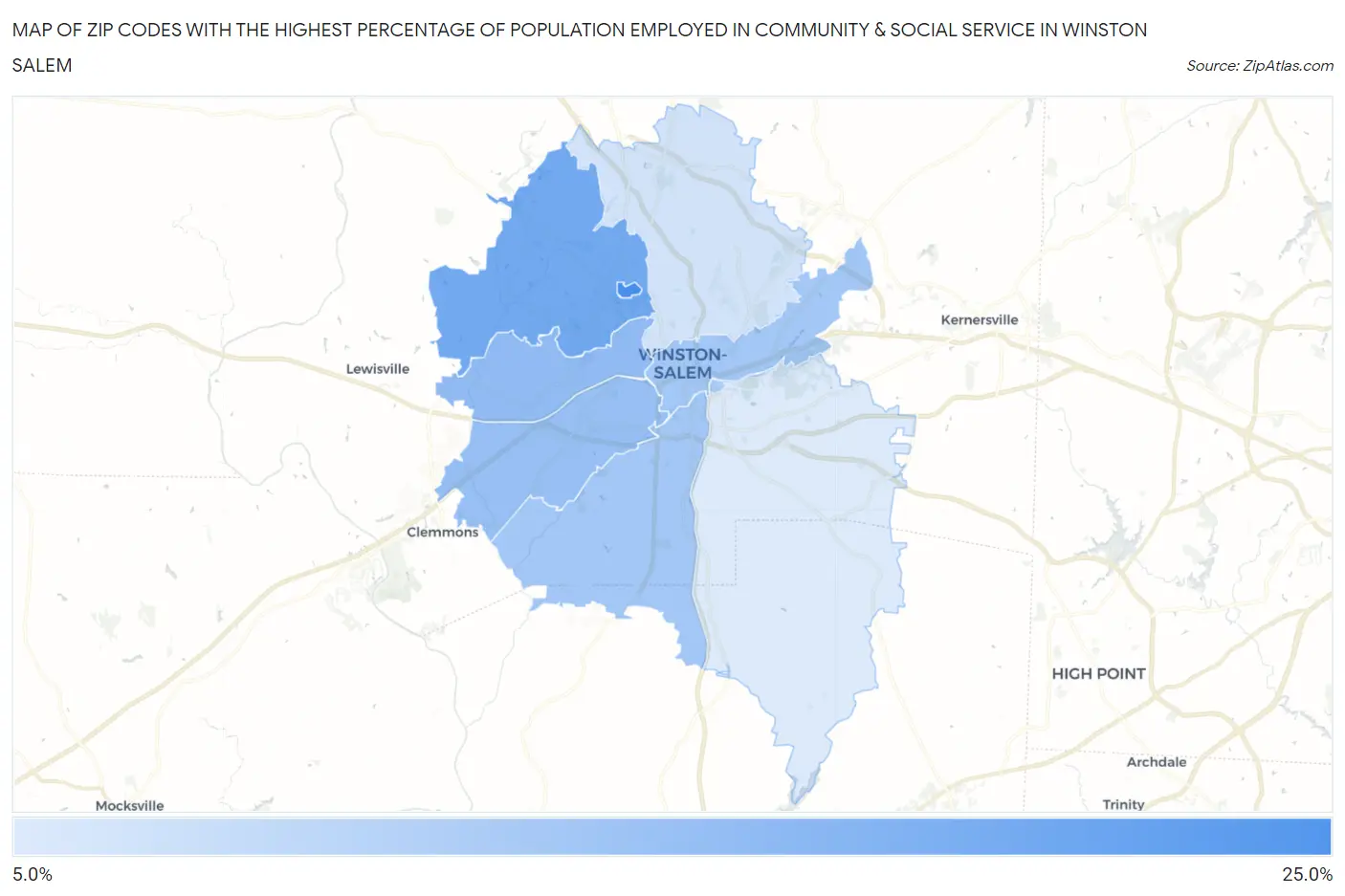 Zip Codes with the Highest Percentage of Population Employed in Community & Social Service  in Winston Salem Map
