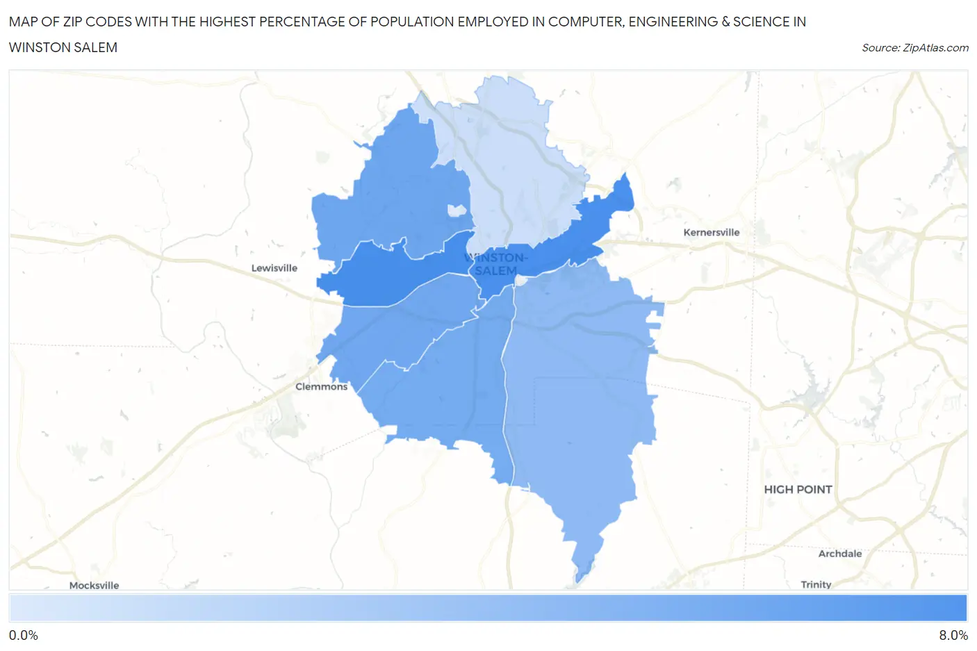 Zip Codes with the Highest Percentage of Population Employed in Computer, Engineering & Science in Winston Salem Map