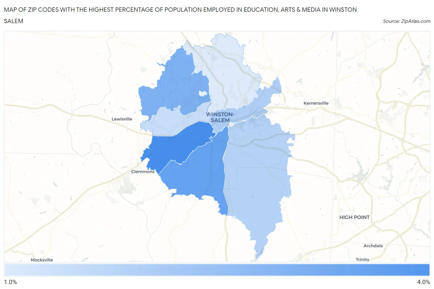 Zip Codes with the Highest Percentage of Population Employed in Education, Arts & Media in Winston Salem Map
