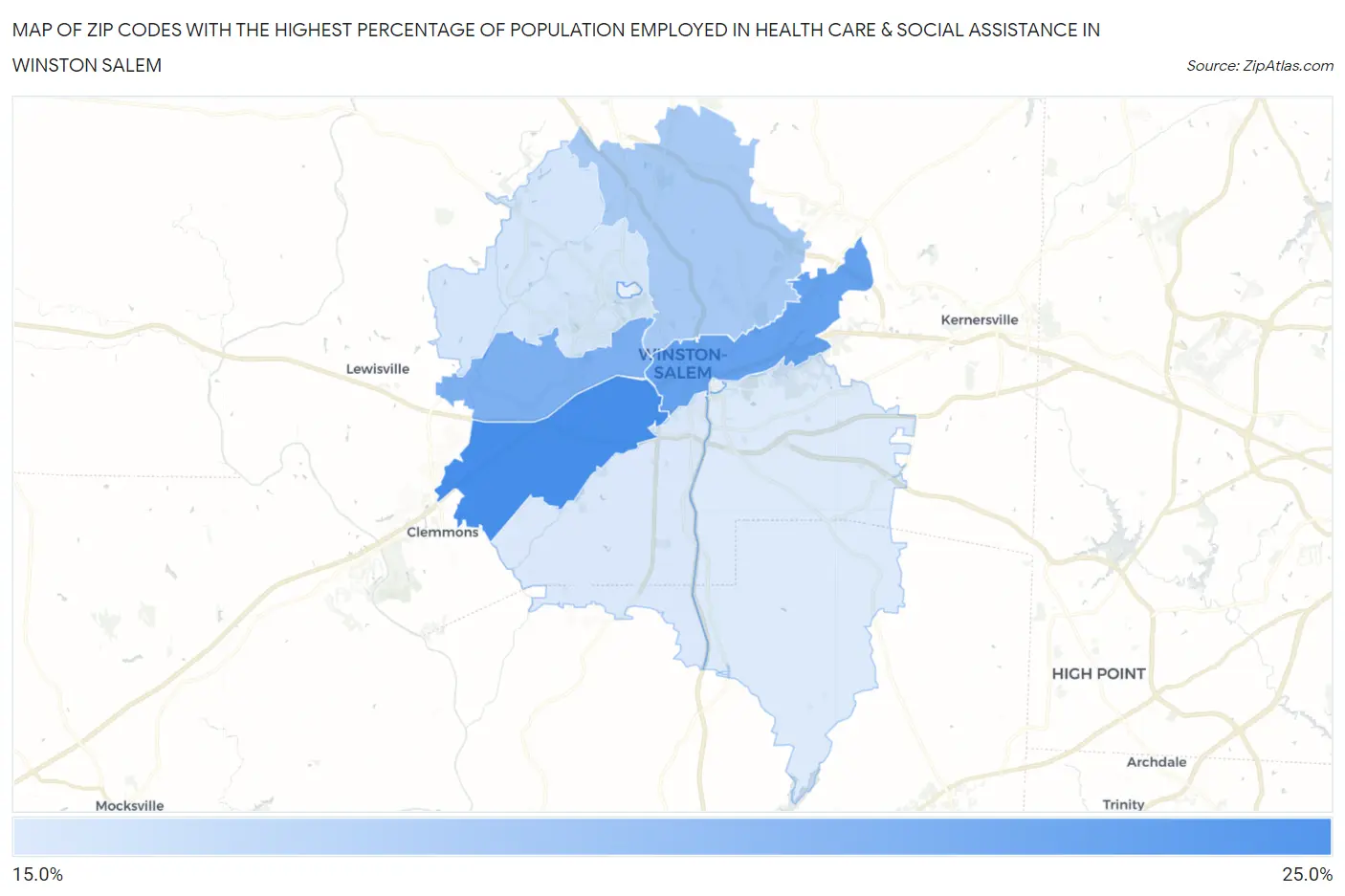 Zip Codes with the Highest Percentage of Population Employed in Health Care & Social Assistance in Winston Salem Map
