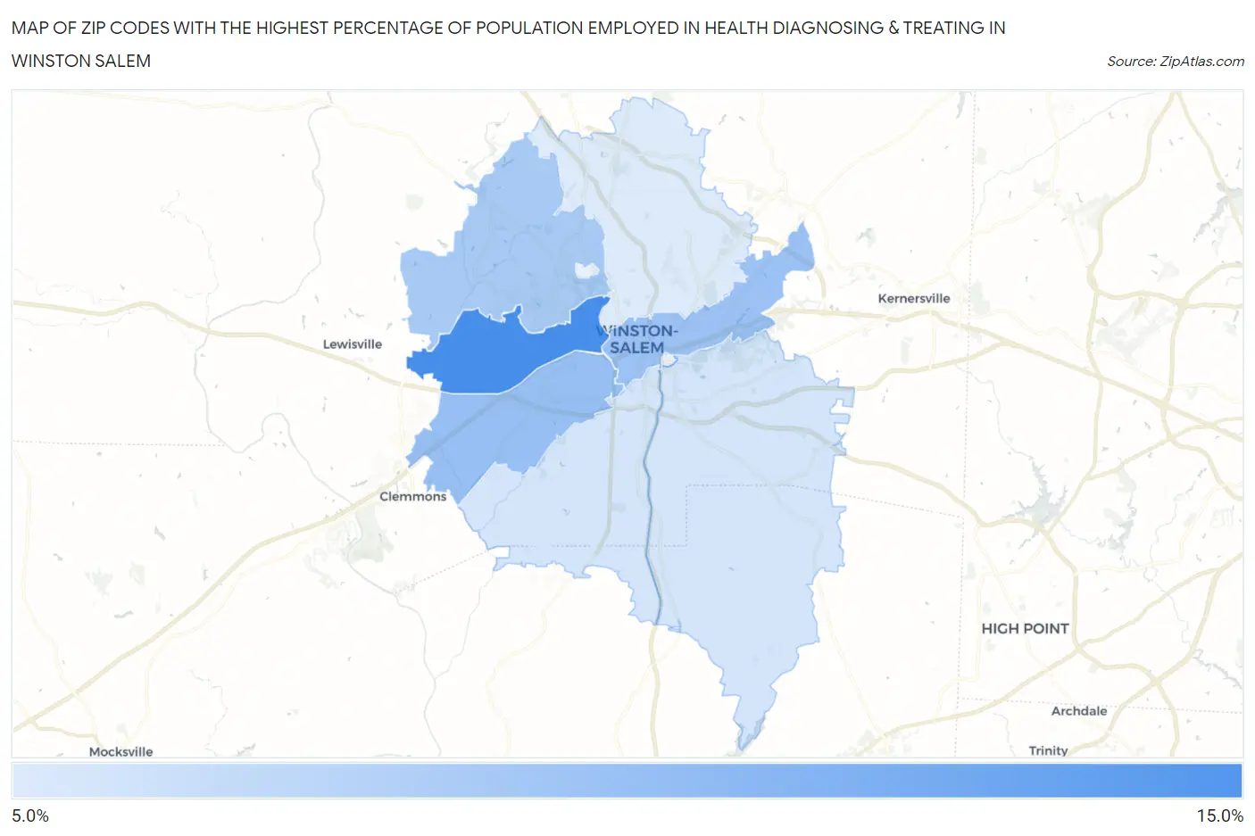 Zip Codes with the Highest Percentage of Population Employed in Health Diagnosing & Treating in Winston Salem Map