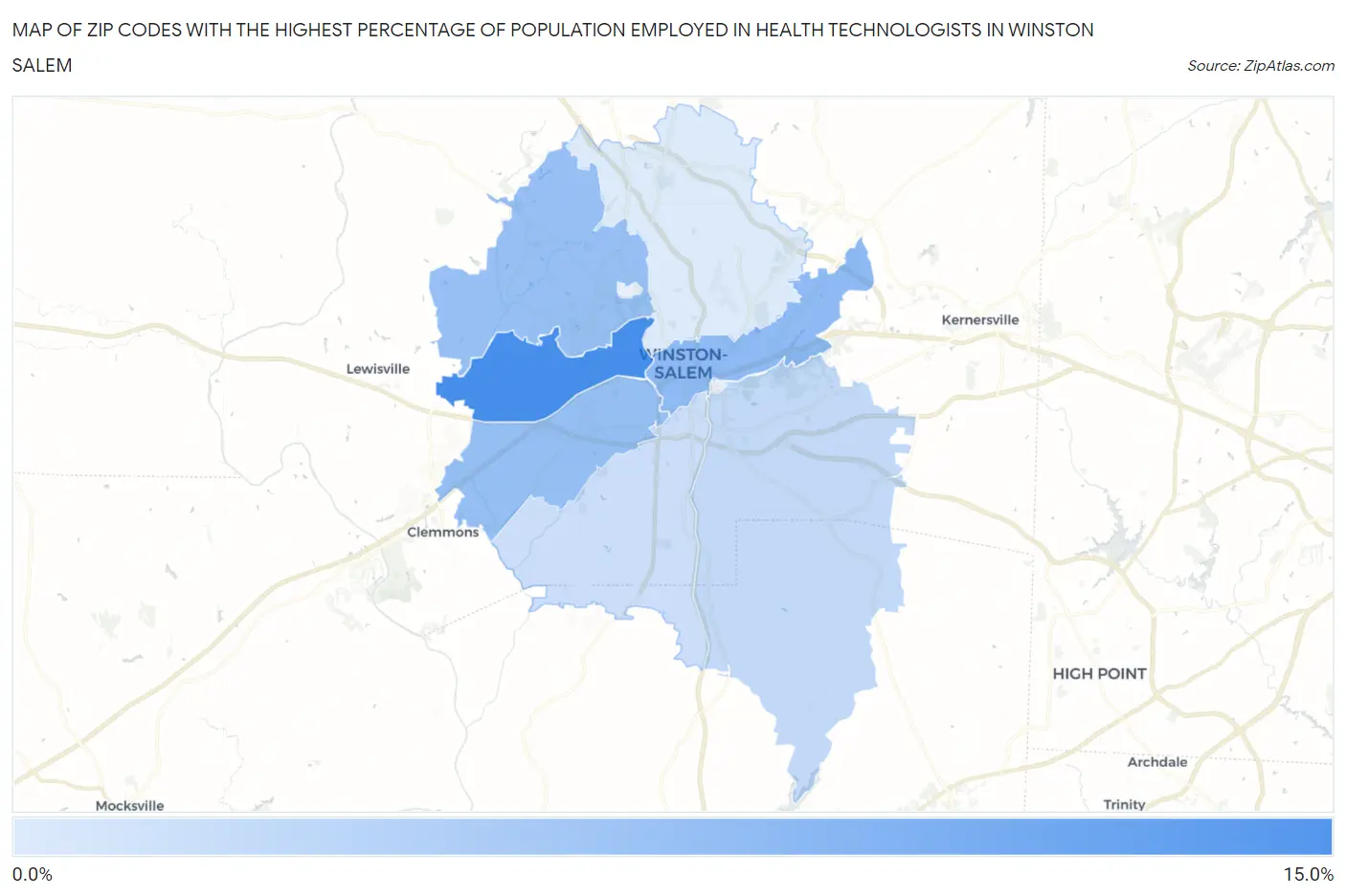 Zip Codes with the Highest Percentage of Population Employed in Health Technologists in Winston Salem Map