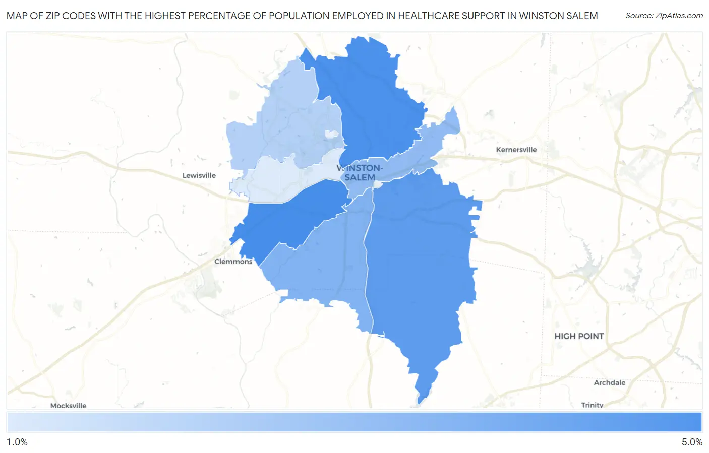 Zip Codes with the Highest Percentage of Population Employed in Healthcare Support in Winston Salem Map