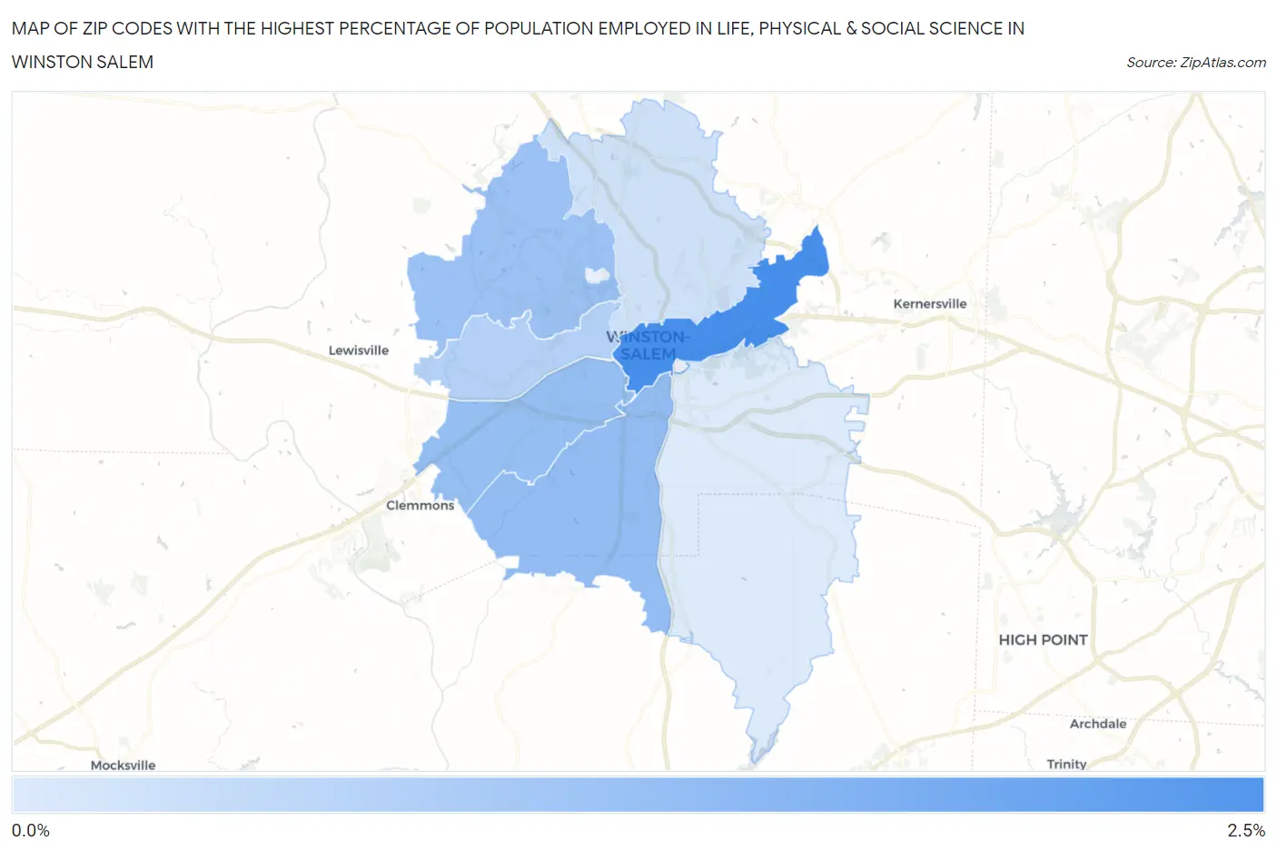 Zip Codes with the Highest Percentage of Population Employed in Life, Physical & Social Science in Winston Salem Map