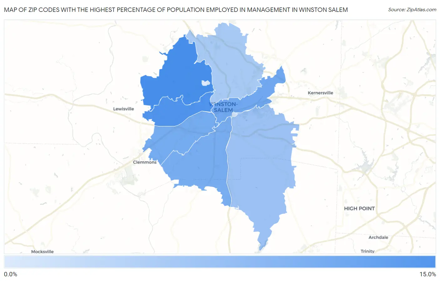 Zip Codes with the Highest Percentage of Population Employed in Management in Winston Salem Map