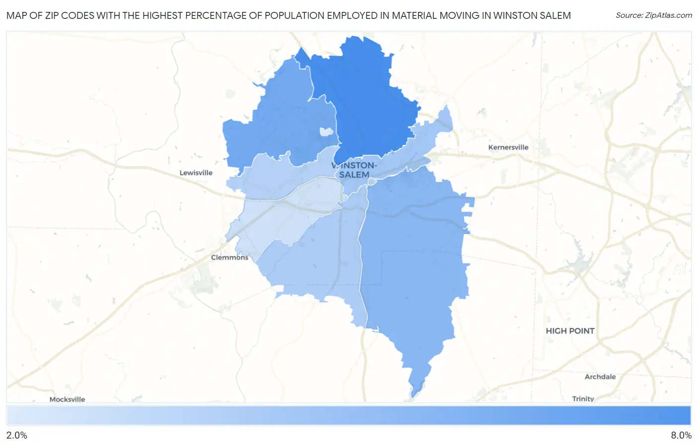 Zip Codes with the Highest Percentage of Population Employed in Material Moving in Winston Salem Map