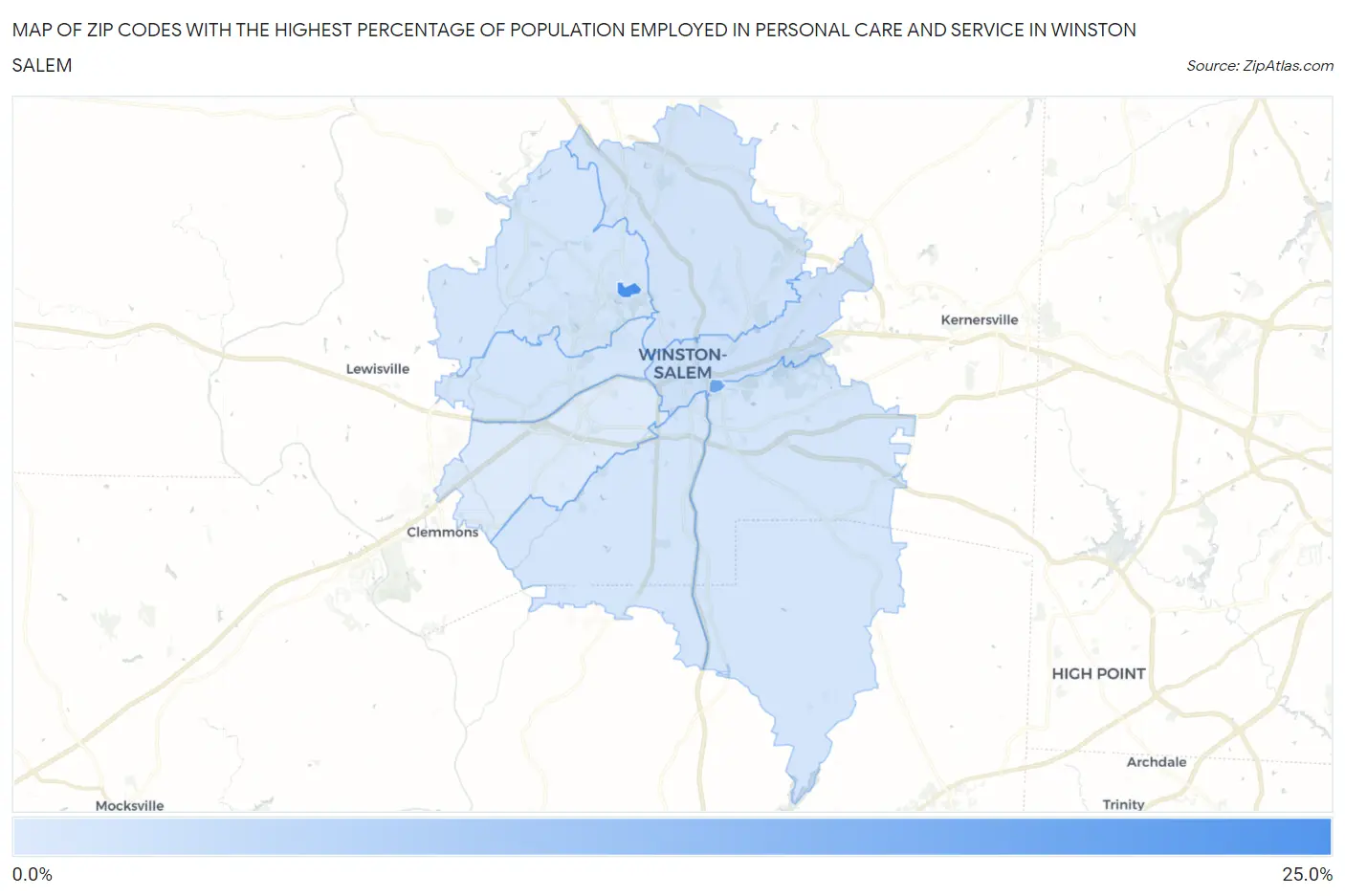 Zip Codes with the Highest Percentage of Population Employed in Personal Care and Service in Winston Salem Map