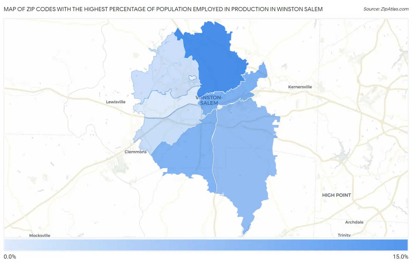Zip Codes with the Highest Percentage of Population Employed in Production in Winston Salem Map