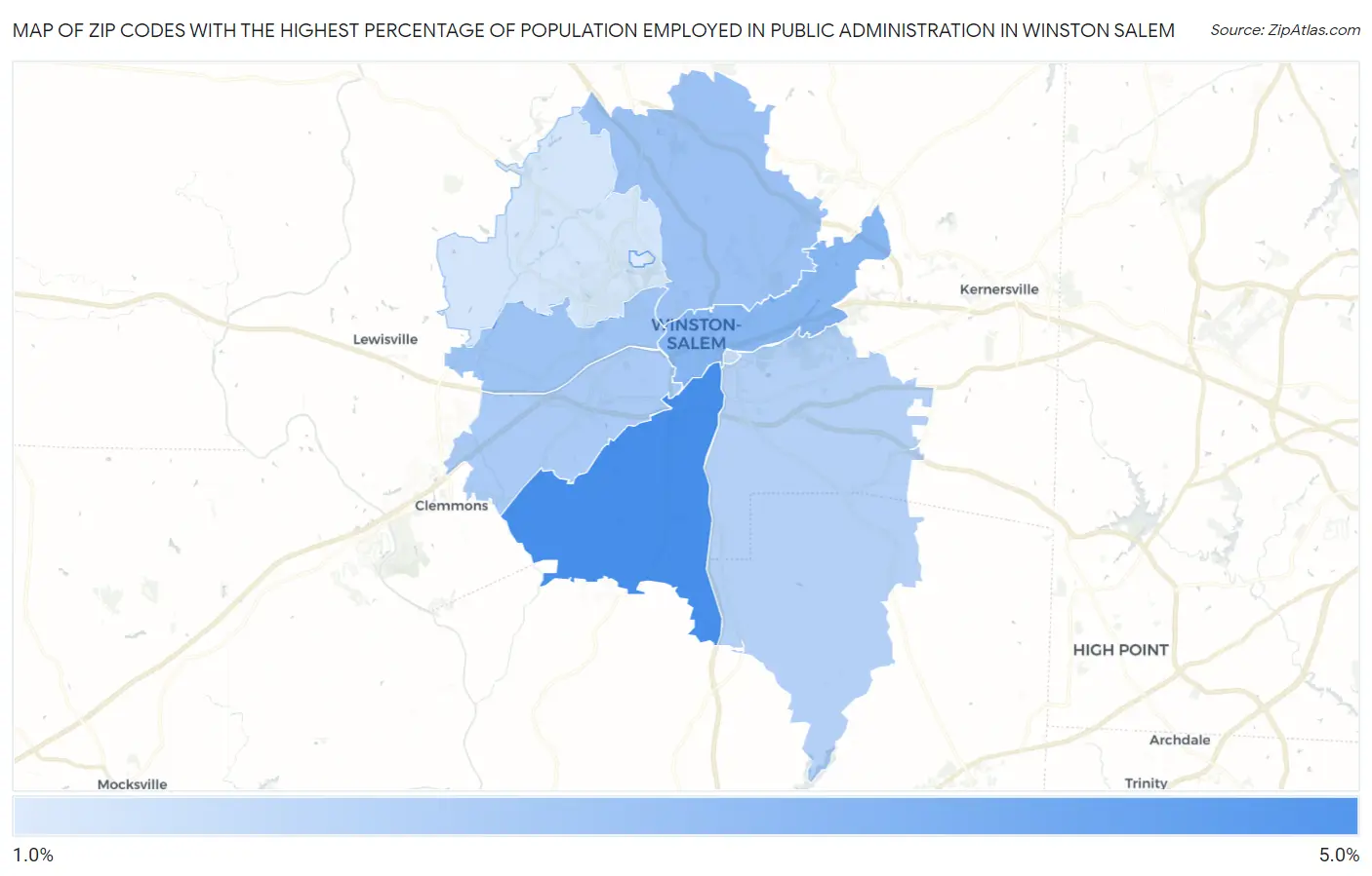 Zip Codes with the Highest Percentage of Population Employed in Public Administration in Winston Salem Map