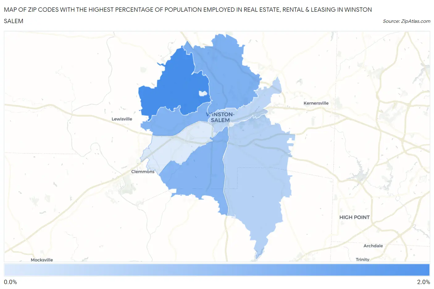 Zip Codes with the Highest Percentage of Population Employed in Real Estate, Rental & Leasing in Winston Salem Map