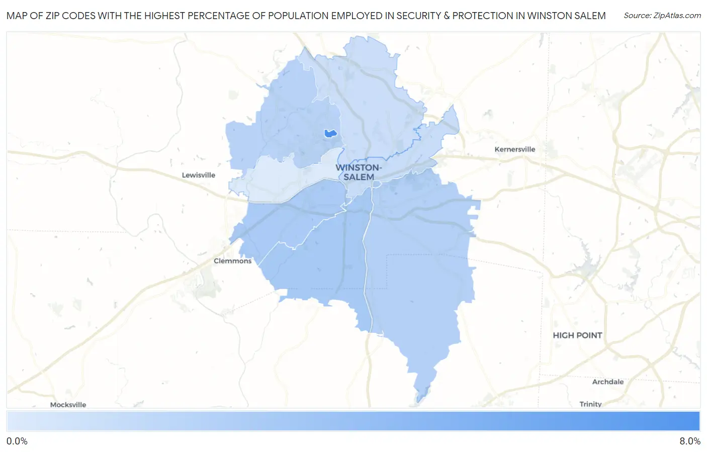 Zip Codes with the Highest Percentage of Population Employed in Security & Protection in Winston Salem Map