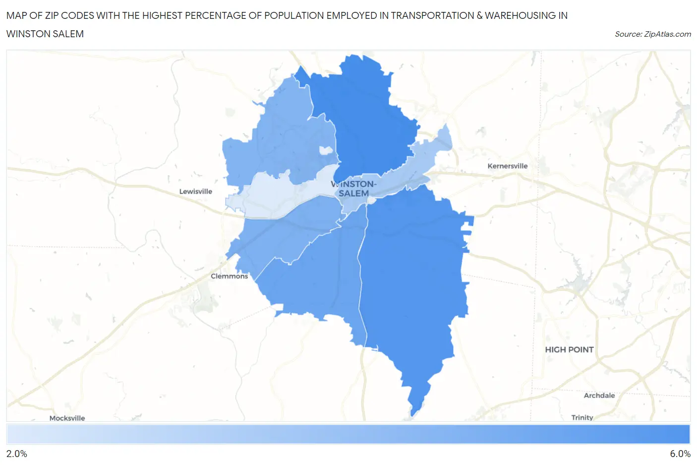 Zip Codes with the Highest Percentage of Population Employed in Transportation & Warehousing in Winston Salem Map