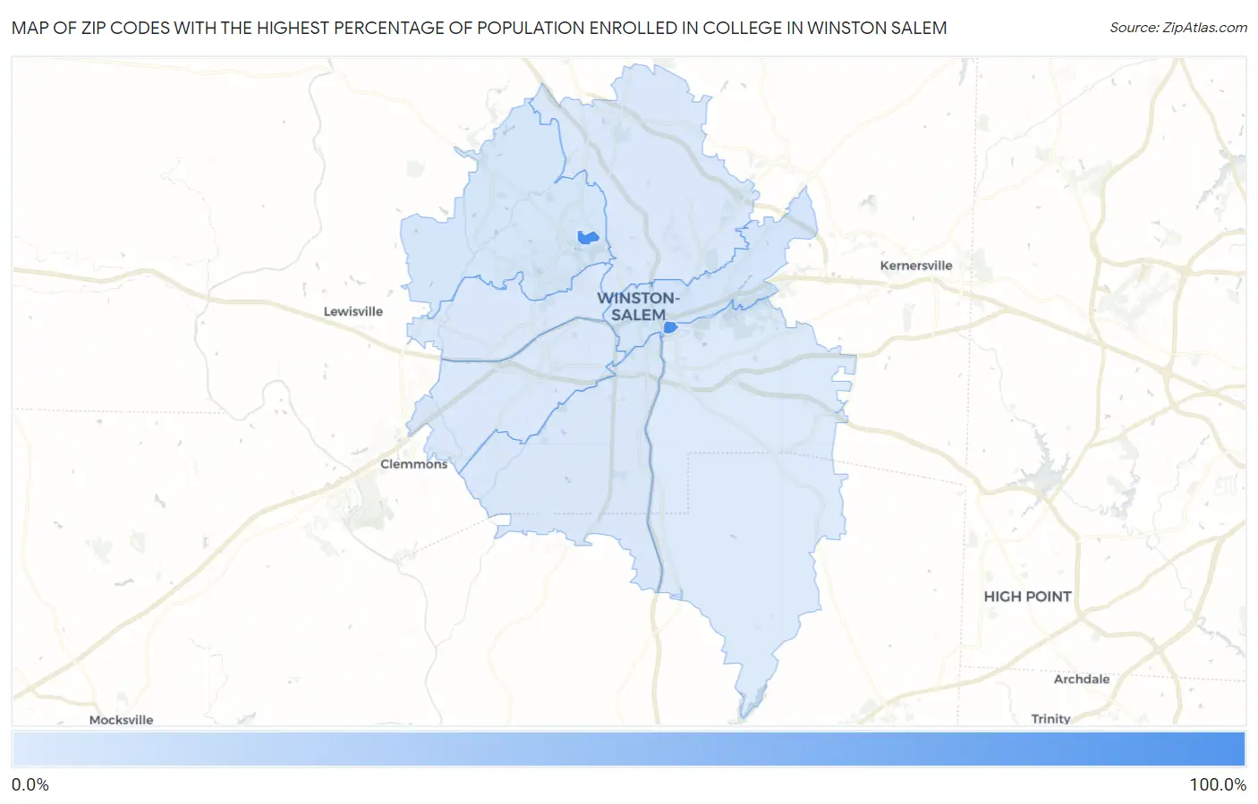 Zip Codes with the Highest Percentage of Population Enrolled in College in Winston Salem Map