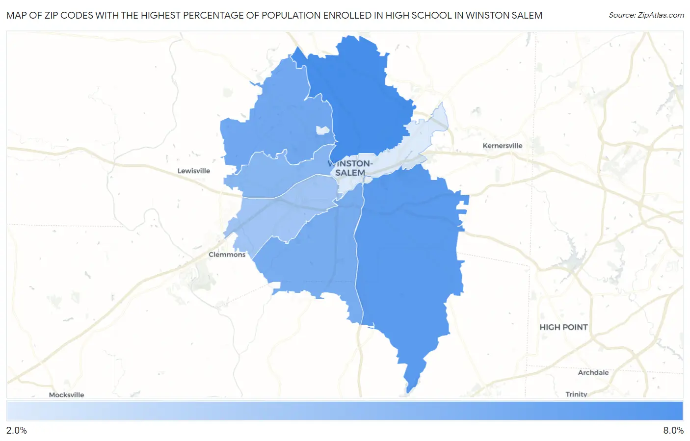 Zip Codes with the Highest Percentage of Population Enrolled in High School in Winston Salem Map