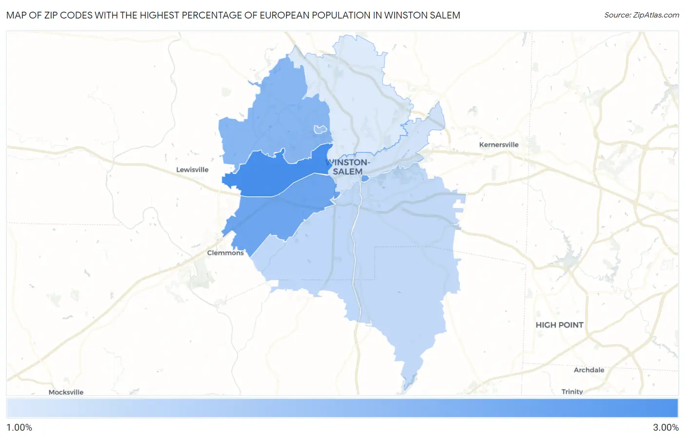 Zip Codes with the Highest Percentage of European Population in Winston Salem Map