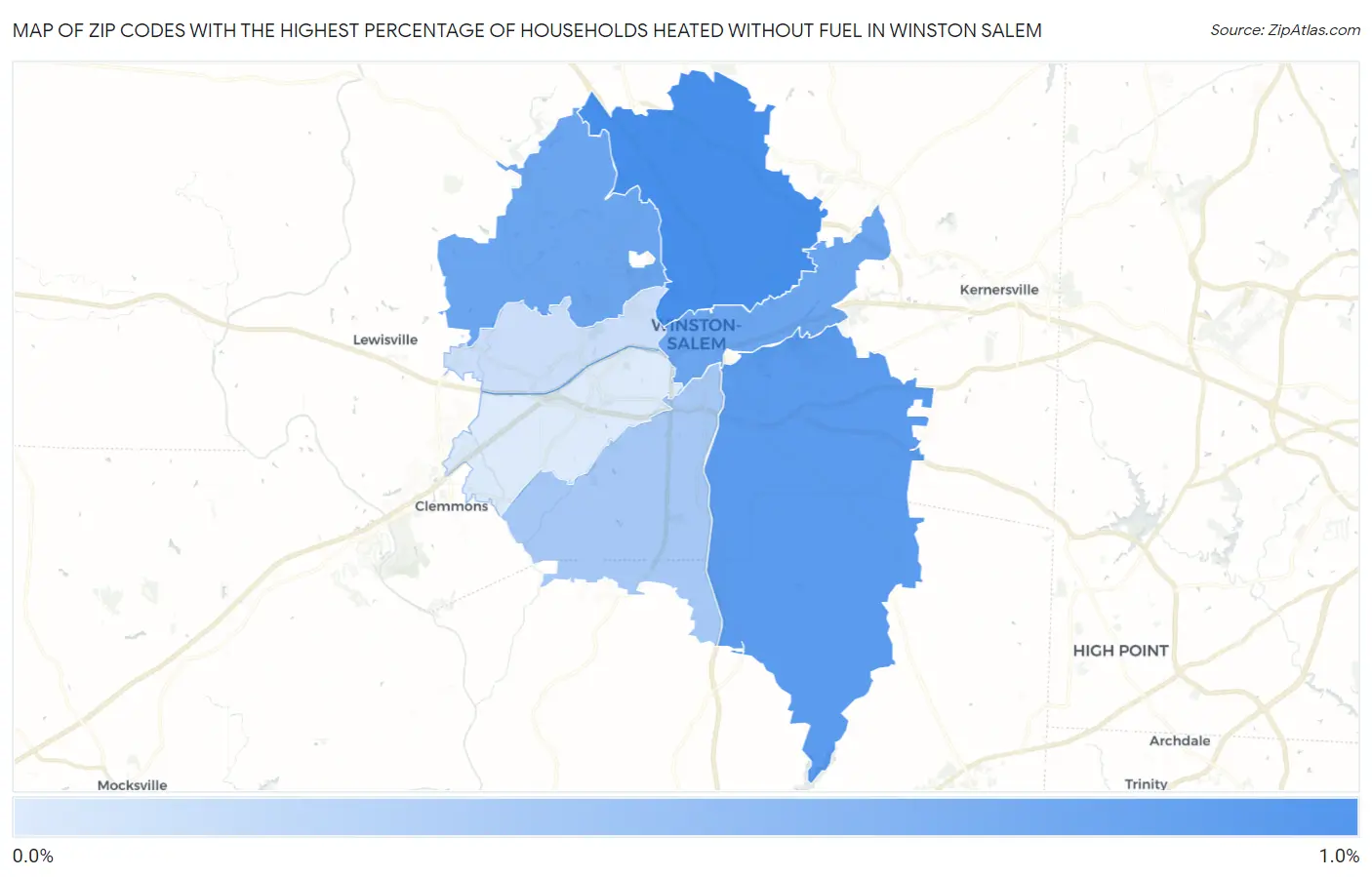 Zip Codes with the Highest Percentage of Households Heated without Fuel in Winston Salem Map