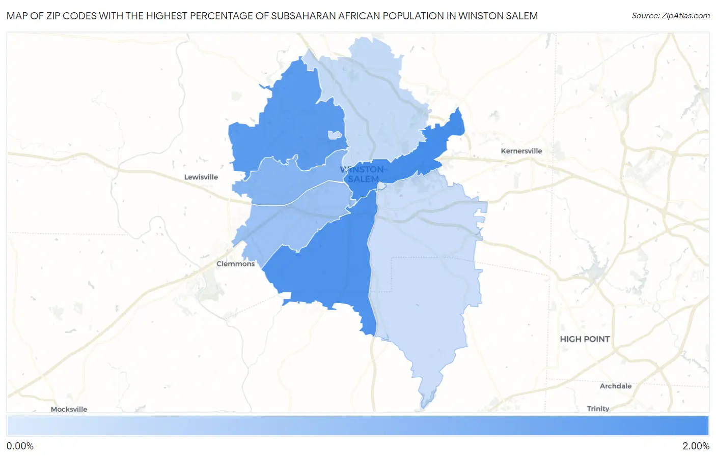 Zip Codes with the Highest Percentage of Subsaharan African Population in Winston Salem Map
