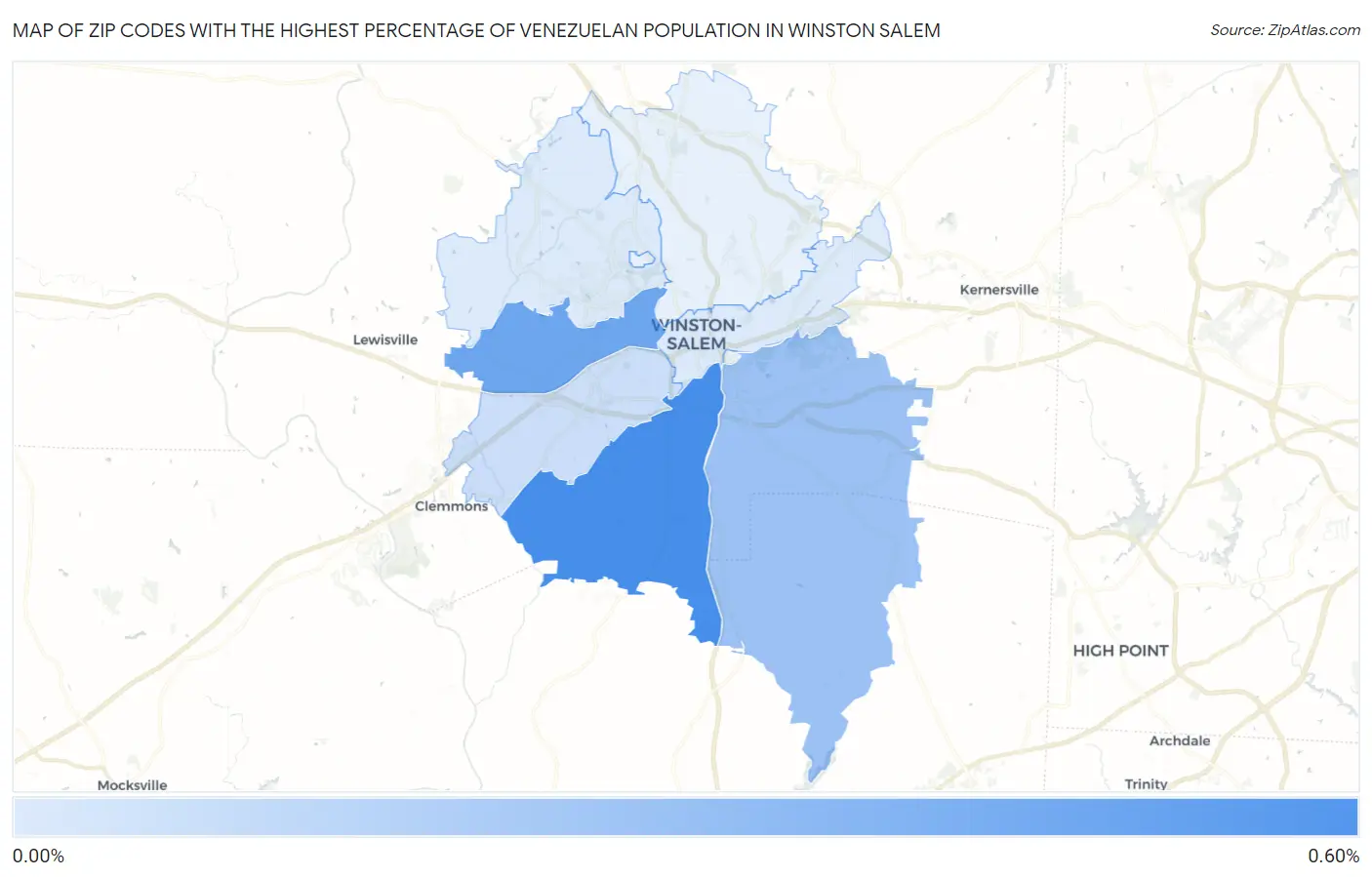 Zip Codes with the Highest Percentage of Venezuelan Population in Winston Salem Map