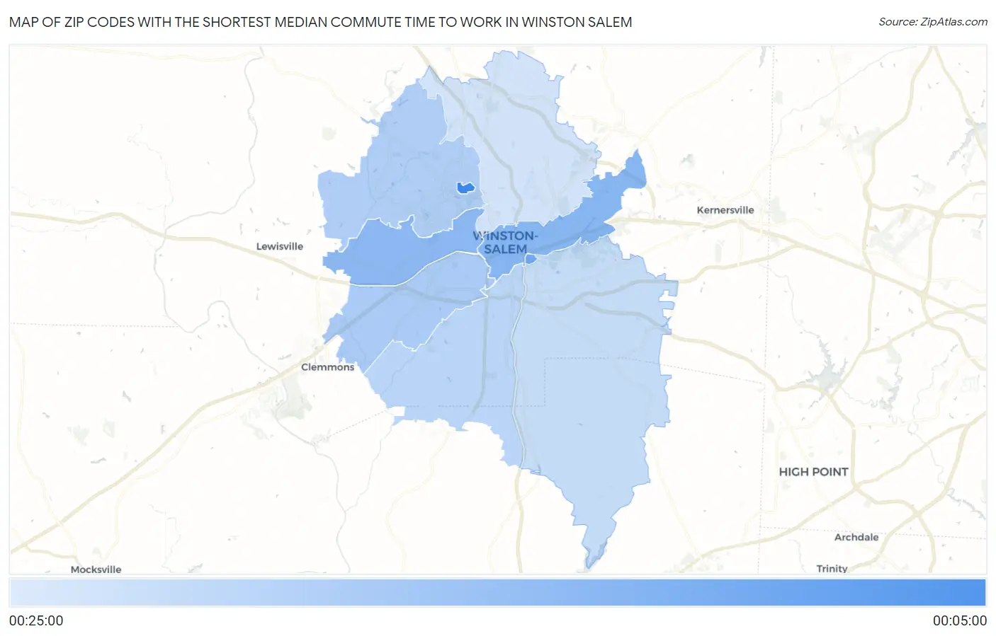 Zip Codes with the Shortest Median Commute Time to Work in Winston Salem Map
