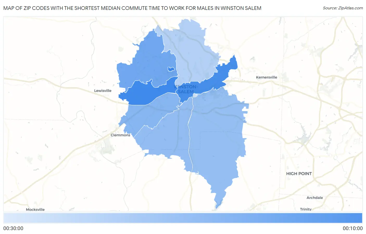 Zip Codes with the Shortest Median Commute Time to Work for Males in Winston Salem Map