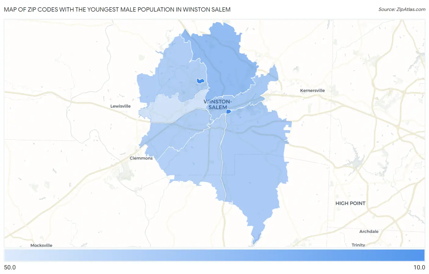 Zip Codes with the Youngest Male Population in Winston Salem Map
