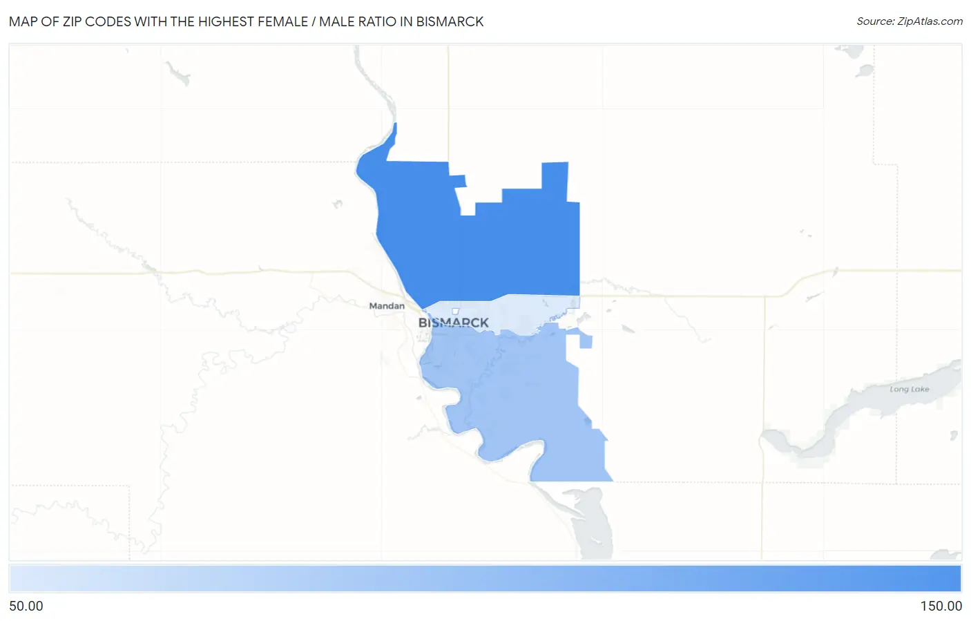 Zip Codes with the Highest Female / Male Ratio in Bismarck Map