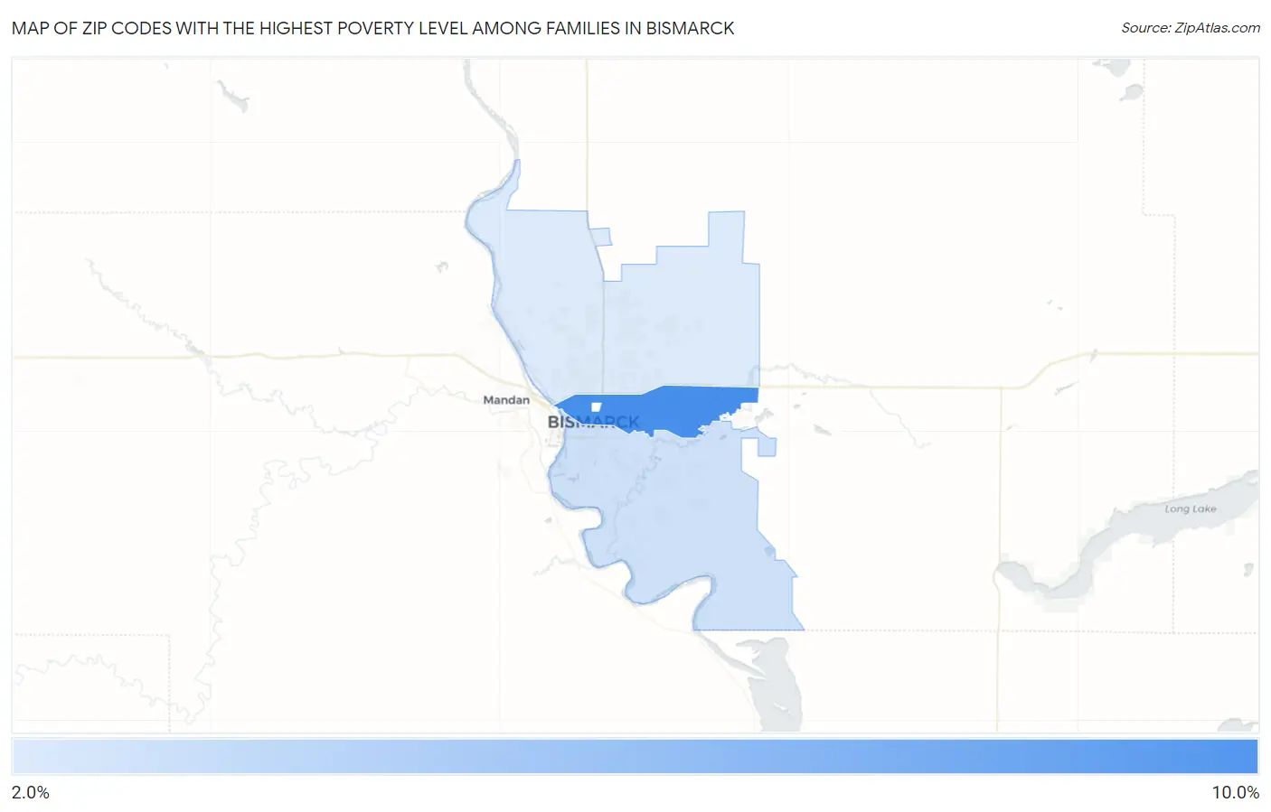 Zip Codes with the Highest Poverty Level Among Families in Bismarck Map