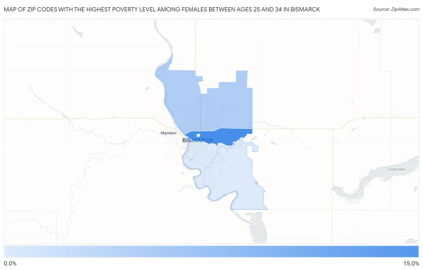 Zip Codes with the Highest Poverty Level Among Females Between Ages 25 and 34 in Bismarck Map