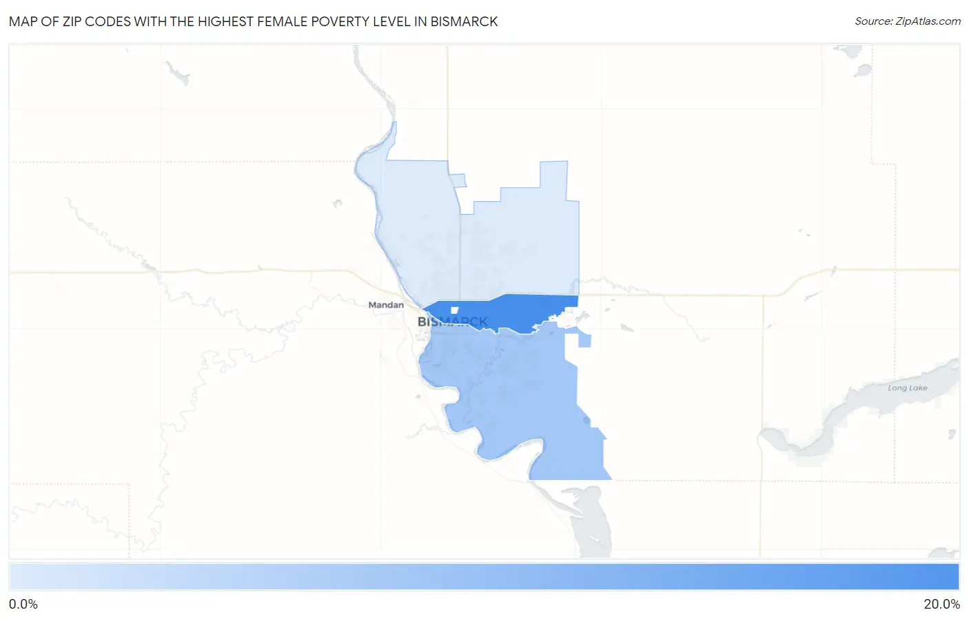 Zip Codes with the Highest Female Poverty Level in Bismarck Map