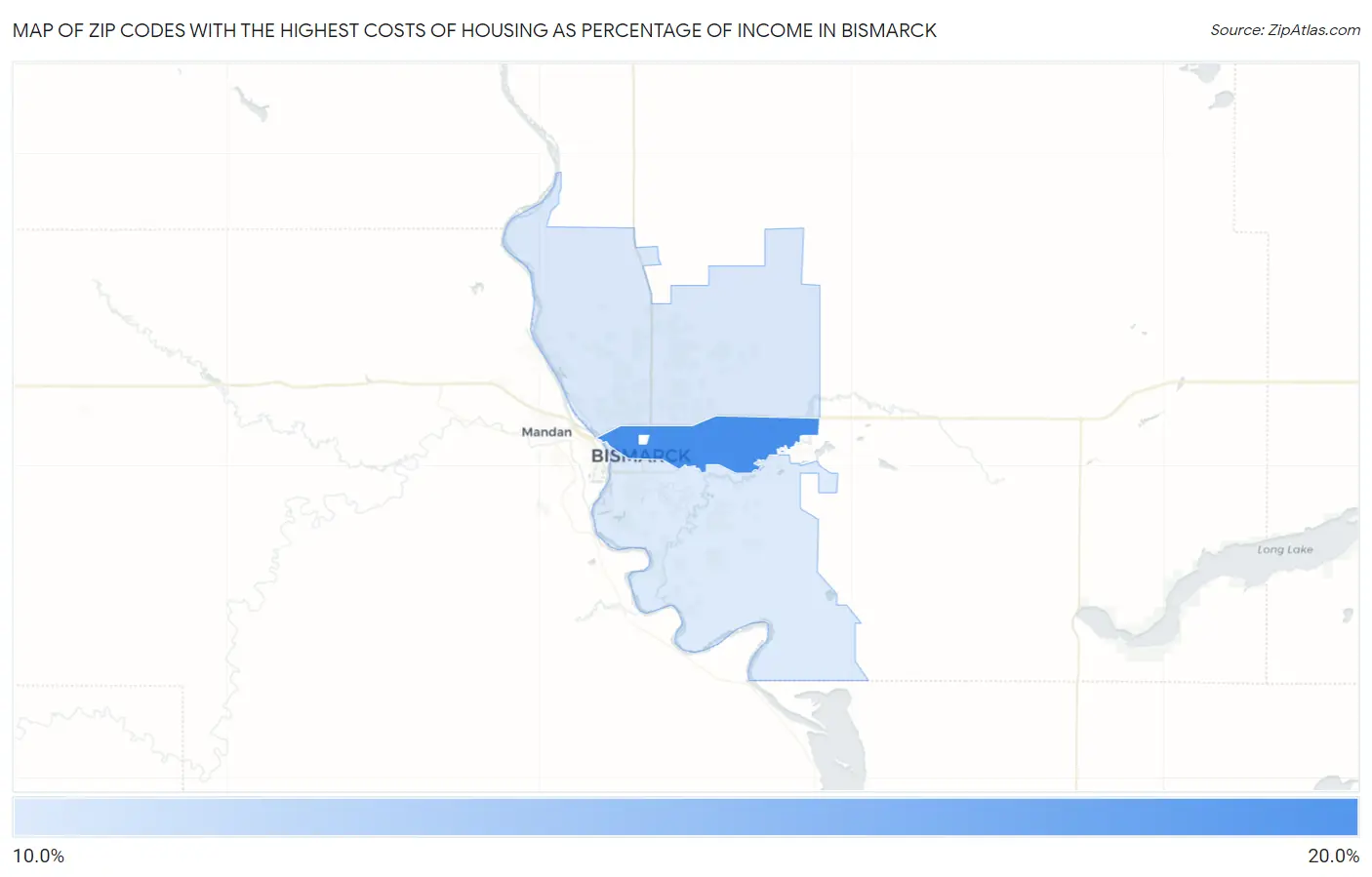 Zip Codes with the Highest Costs of Housing as Percentage of Income in Bismarck Map