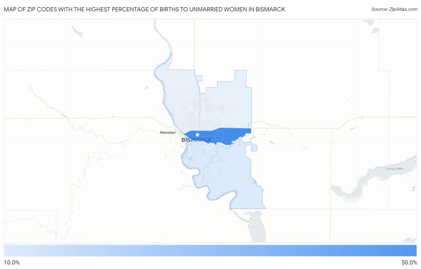 Zip Codes with the Highest Percentage of Births to Unmarried Women in Bismarck Map