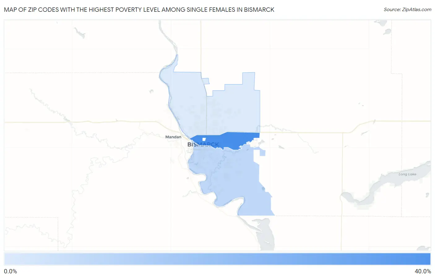 Zip Codes with the Highest Poverty Level Among Single Females in Bismarck Map