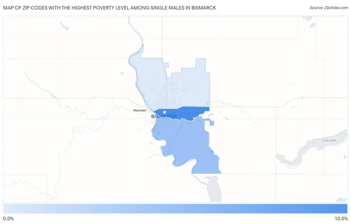 Zip Codes with the Highest Poverty Level Among Single Males in Bismarck Map