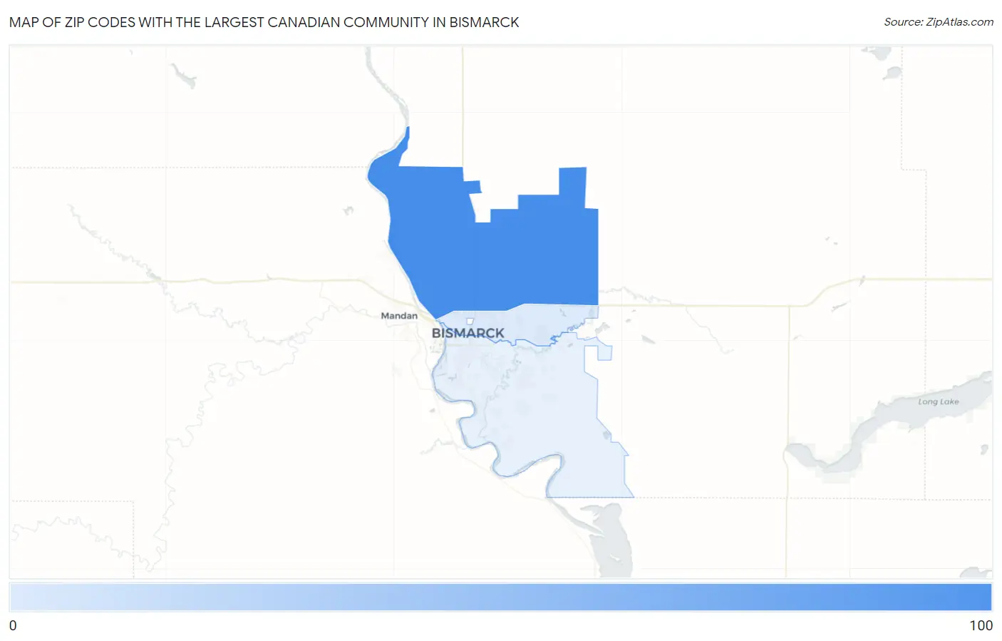 Zip Codes with the Largest Canadian Community in Bismarck Map