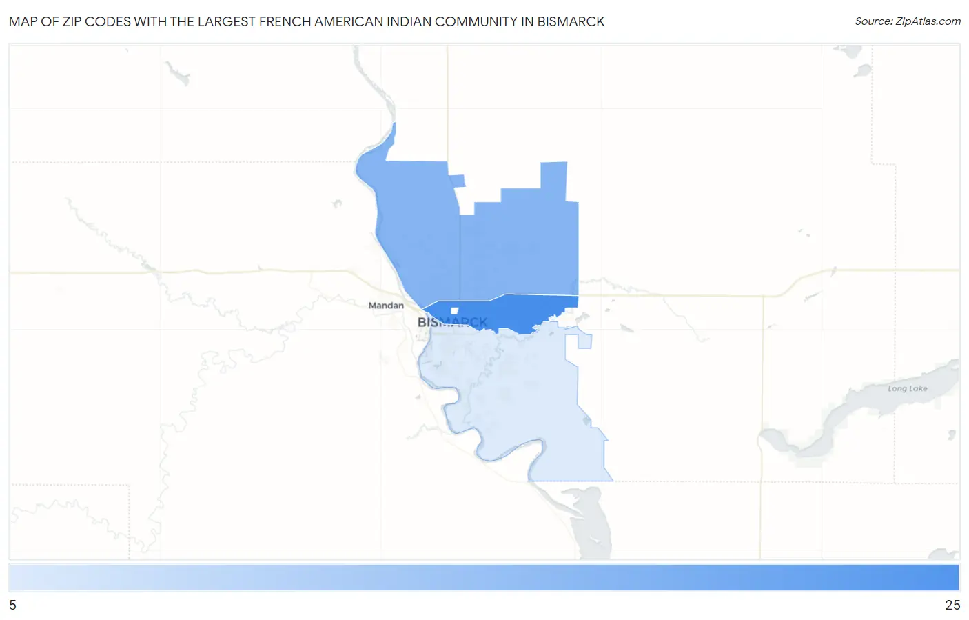 Zip Codes with the Largest French American Indian Community in Bismarck Map
