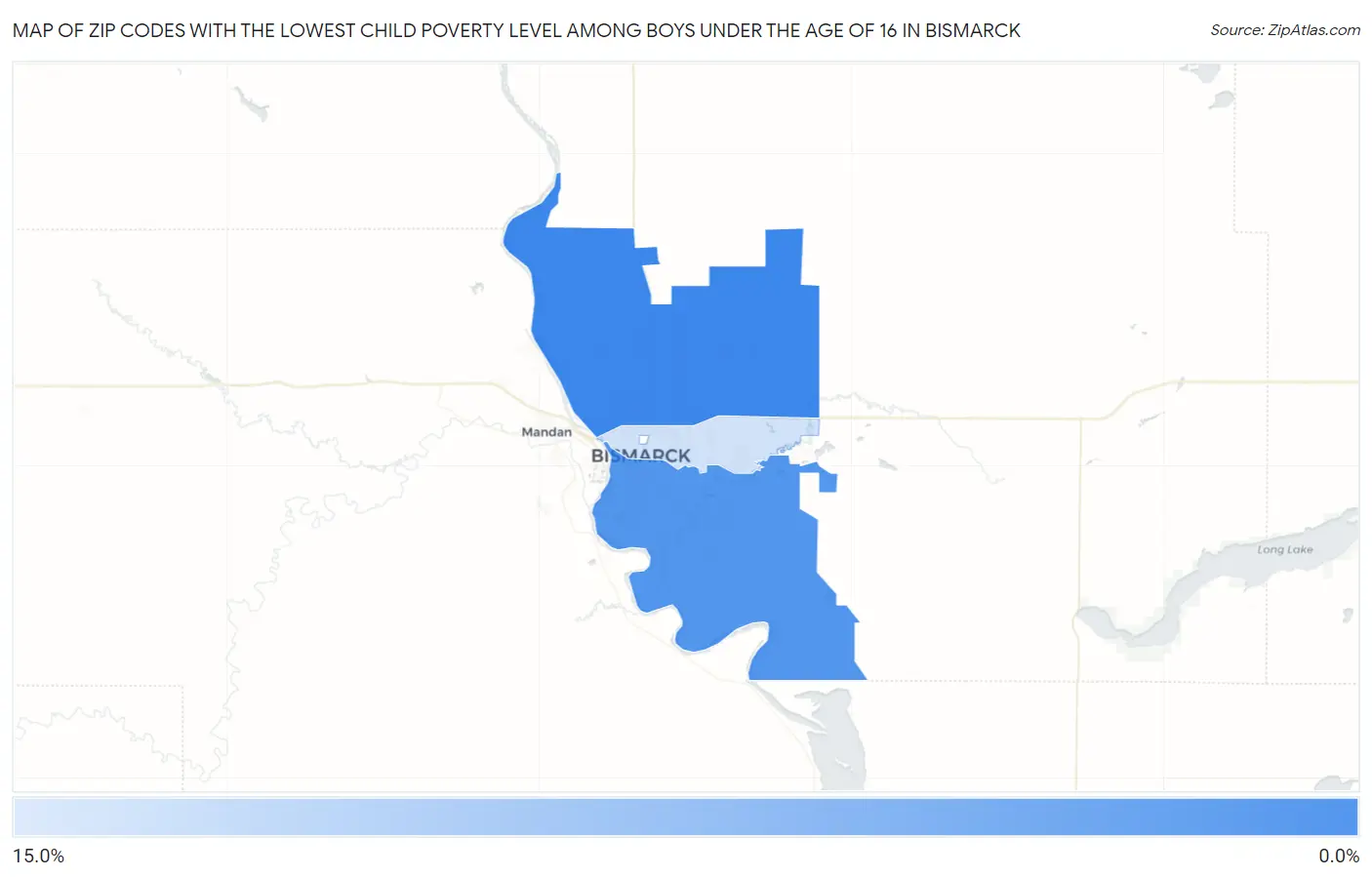 Zip Codes with the Lowest Child Poverty Level Among Boys Under the Age of 16 in Bismarck Map