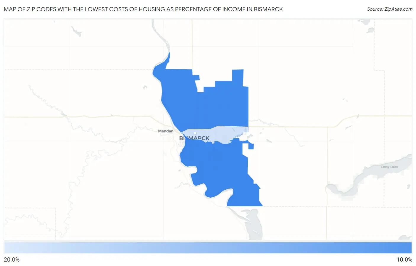 Zip Codes with the Lowest Costs of Housing as Percentage of Income in Bismarck Map