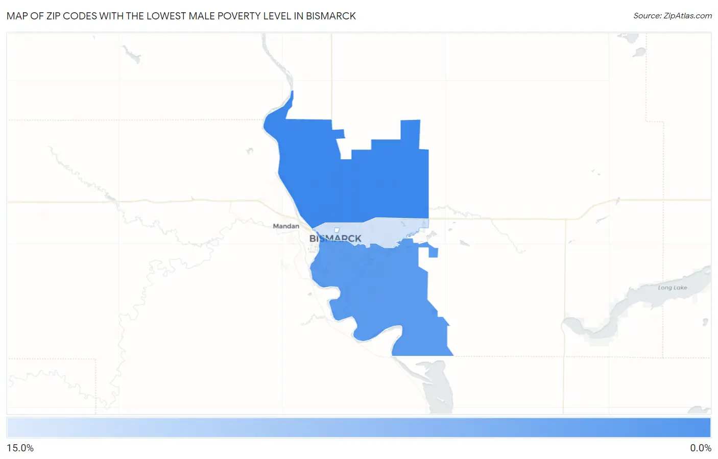 Zip Codes with the Lowest Male Poverty Level in Bismarck Map